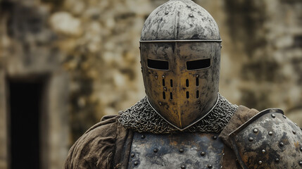 Naklejka premium Man wearing Medieval Knights armor with heavy iron helmet