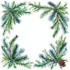 Watercolor Christmas greenery frame with white background