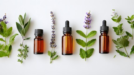 Essential oil bottles alongside fresh herbs and flowers are set against a pure white background, emphasizing a clean aesthetic highlighted by soft lighting, perfect for aromatherapy concepts.