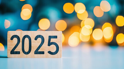 2025 new year typography written with wooden letter - new year bokeh background. 