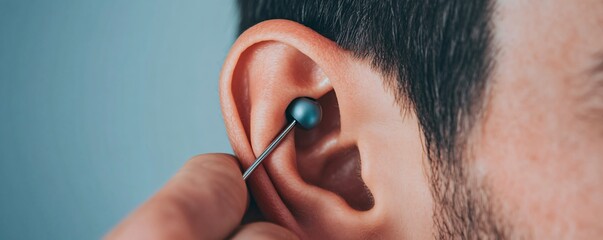 Doctor using a tuning fork next to a patient’s ear for a hearing test, hearing check, ear health.