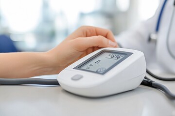 Fototapeta premium Doctor's hand adjusting an electronic blood pressure monitor during a checkup, blood pressure reading, vital signs monitoring.
