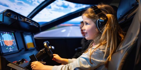 A child sitting in a flight simulator, enthusiastically steering the controls