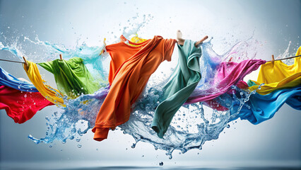 Freshly washed clothes spinning amidst a vibrant water splash, radiating droplets suspended in mid-air, against a clean white background, showcasing cleanliness and efficiency.