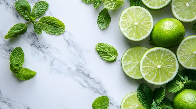 Fresh limes and mint leaves are beautifully arranged on a white marble countertop from above, showcasing vibrant colors ideal for cocktail garnishing in elegant food photography.