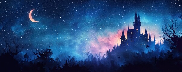 Fototapeta premium A mystical castle silhouette under a starry sky, with a crescent moon casting a serene glow over the enchanted landscape.
