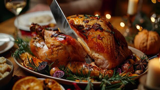 Christmas and thanksgiving holiday dinner, cutting roasted turkey on the festive table, closeup.