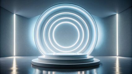 Podium background 3D light tech stage future platform game abstract. Podium 3D background technology room product circle glow effect portal stand studio scene white design ring modern display space.