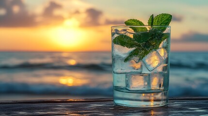 A glass of water adorned with fresh mint leaves and ice cubes enjoys a beach sunset backdrop, capturing the essence of a refreshing summer drink illuminated by warm golden hour light.