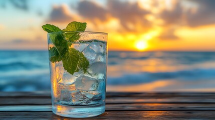 A glass of water adorned with fresh mint leaves and ice cubes enjoys a beach sunset backdrop, capturing the essence of a refreshing summer drink illuminated by warm golden hour light.