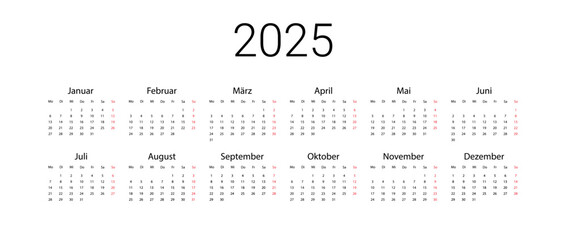 Germany 2025 calendar. Vector design template start from monday. Full months for wall calendar