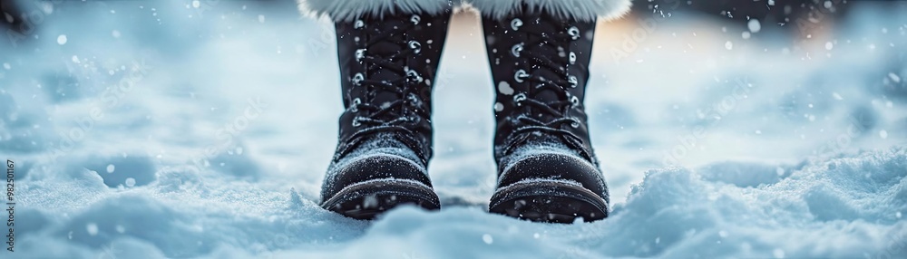 Poster close-up of winter boots standing in fresh snow, capturing a serene snowy landscape with soft snowfa