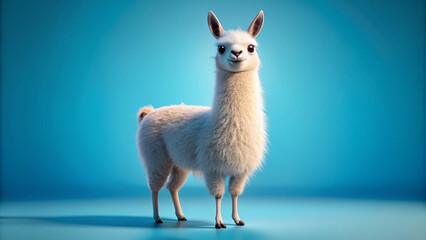 Obraz premium Adorable 3D llama stands on all fours against a bright blue background, gazing directly at the camera with a charming, friendly, and endearing facial expression.