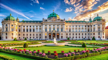 Fototapeta premium Majestic Hofburg Palace, Vienna's former imperial residence, stands grand with Baroque architecture, ornate facades, and sprawling gardens against a clear blue Austrian sky.