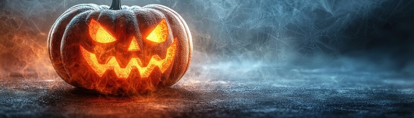 Fototapeta premium A glowing jack-o'-lantern sits ominously, surrounded by mist, capturing the essence of Halloween with a spooky, eerie atmosphere.