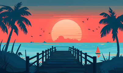 Fototapeta premium sunset over the ocean with palm trees and boardwalk, a flat design with an orange and blue color palette.