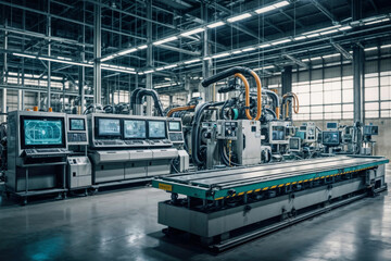 A factory CNC with two computer monitors. The scene is industrial and mechanical. Digital CNC factory. Automated CNC manufacturing using IoT Industry