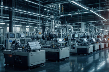 CNC machines and large space in industrial manufactory. The scene is industrial and mechanical. Digital CNC factory. Automated CNC manufacturing using IoT Industry