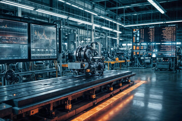 Fototapeta premium Large industrial building with many CNC machines. Digital CNC factory. Automated CNC manufacturing using IoT Industry