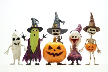 Obraz premium Five Cartoon Halloween Characters with Pumpkins