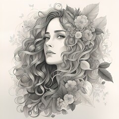 A portrait of a woman designed as an illustration with floral motifs. Whispers of Nature: An Artistic Fusion