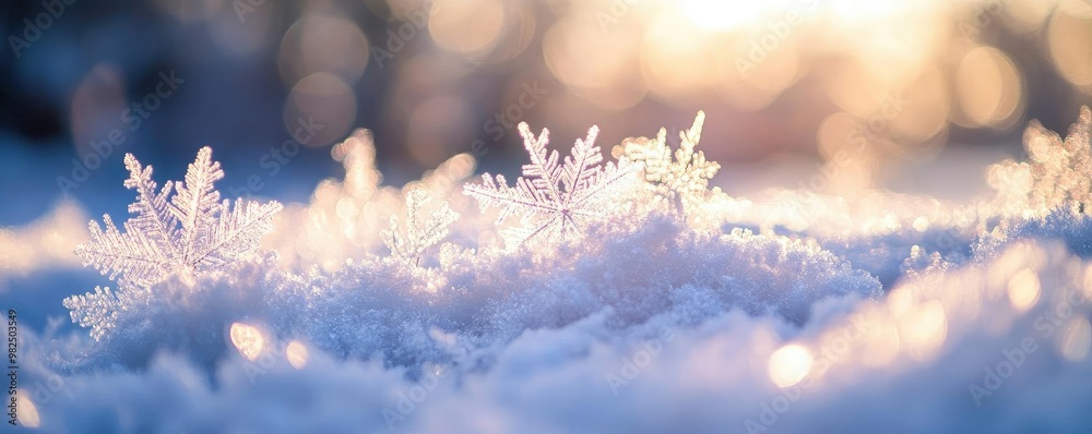 Poster delicate snowflakes rest gently on a sparkling blanket of snow, illuminated by soft winter sunlight,