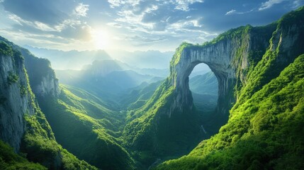 A breathtaking view of Heaven Gate at Tianmen Mountain, with the natural rock arch towering over the lush green valley, bathed in soft sunlight.
