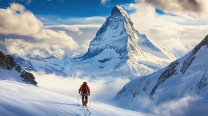 A climber approaching the Matterhorn, with the iconic mountain looming large in the distance, surrounded by snow-covered valleys and alpine terrain.