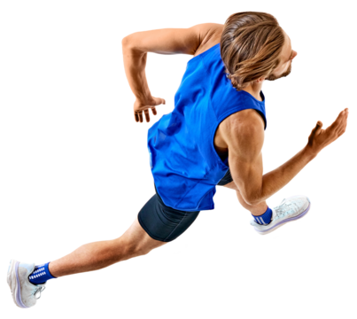 Focused and motivated young man, competitive athlete in motion, running, preparing for competition isolated on transparent background. Concept of sport, marathon, competition, active lifestyle.