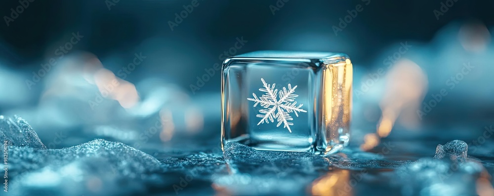 Poster a sparkling ice cube with a delicate snowflake pattern, set against a cool, bluish background, evoke