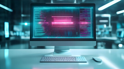 Naklejka premium 3D Desktop Computer with Holographic Savings & Profit Indicators on Glossy White Surface - Ideal for Financial Business Contexts