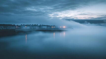 A serene twilight scene over a misty lake, featuring soft blue tones and gentle reflections from nearby lights.