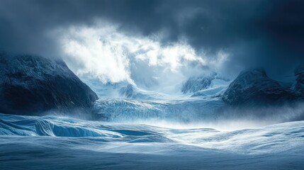 Fototapeta premium A dramatic storm rolling over Mendenhall Glacier, casting shadows on the ice and adding intensity to the rugged Alaskan landscape.