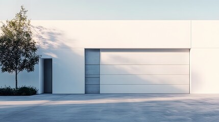 Obraz premium A sleek white modern garage door exemplifies minimalist design with clean lines and a bright exterior wall, enhanced by natural lighting contributing to the overall urban aesthetic.