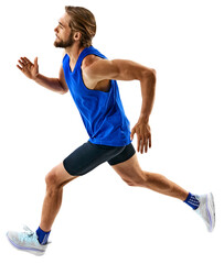 Dynamic image of man in a run, runner in motion, training isolated on transparent background. Speed...