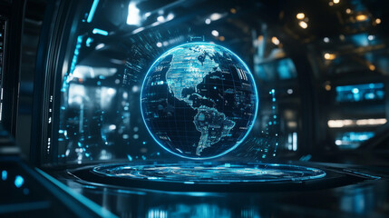 A futuristic image with a hologram of Earth, showing the globe and highlighting modern technology. It suggests advanced software, energy monitoring, and a focus on innovation.
