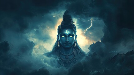 A dramatic vision of Lord Shiva's face outlined in dark storm clouds, with lightning illuminating his third eye, representing cosmic power and balance.