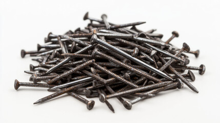 Close-up of a pile of black metal nails arranged on a clean white surface, highlighting construction and industrial materials.
