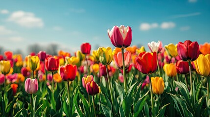 A field of tulips in various colors stretching into the horizon under a bright blue sky, showcasing the vibrant beauty of the spring bloom.