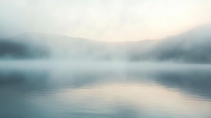 Fototapeta premium A serene landscape featuring a misty lake reflecting soft hues at dawn, creating a calming and peaceful atmosphere.