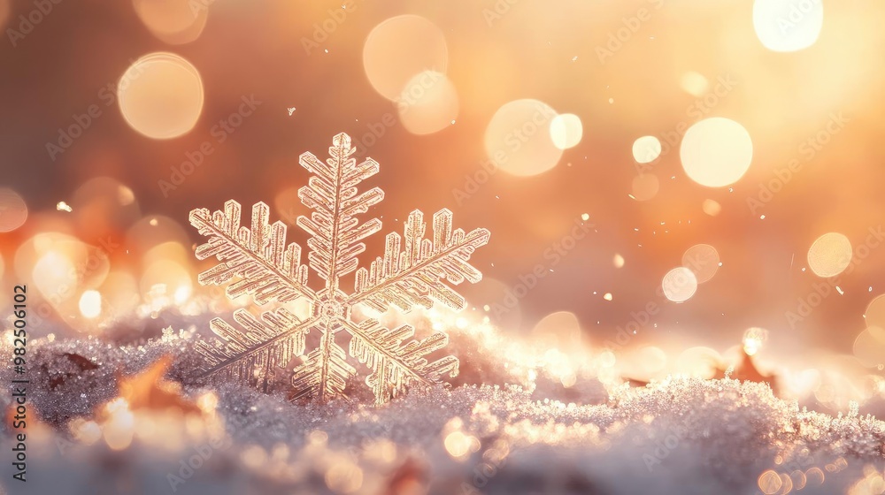 Poster A close-up of a delicate snowflake resting on soft snow, illuminated by warm sunlight, creating a magical winter scene.