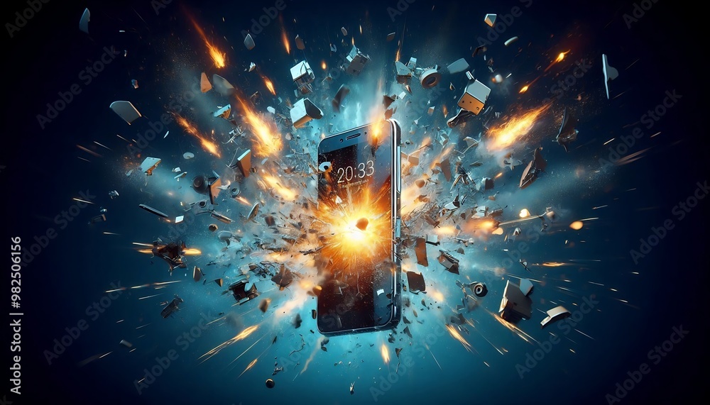Wall mural a cell phone is exploding in a blue background with lots of debris. the explosion is depicted in a w