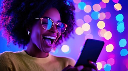 Excited woman with glasses using smartphone against colorful Bokeh lights. Online shopping excitement during Cyber Monday.