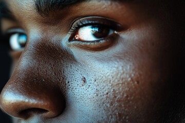 Close up of a face with prominent pores, bumps, and uneven, oily skin texture
