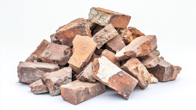 A pile of weathered and broken red bricks stacked haphazardly, showing signs of wear and age, commonly used for construction or recycling.
