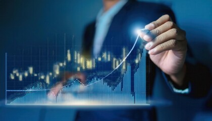 A businessman draws an upward arrow on a holographic graph, symbolizing growth and success in business.