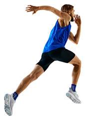 Focused and motivated young man, competitive athlete in motion, running, preparing for competition...