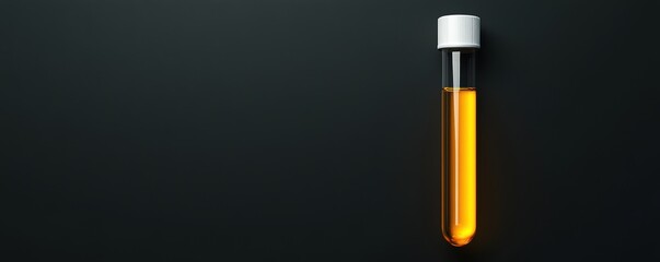 Close-up of a test tube with golden liquid, placed on a matte black background, soft studio lighting, minimalistic, elegant and high-end design, photorealistic