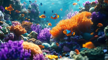 Obraz premium A vibrant underwater coral reef features colorful tropical fish, including an orange and blue damselfish, surrounded by diverse coral formations and bright sea anemones in a vivid turquoise.
