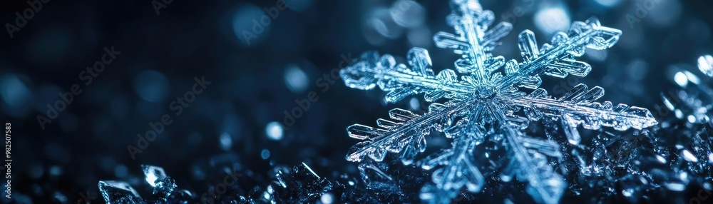 Poster a stunning close-up of a delicate snowflake resting on a shimmering surface, capturing the beauty of